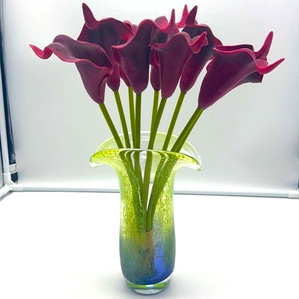 Telefora:Purplish Blue Lime Green Speckle Hand Blown Art Glass Vase w/Flared Rim